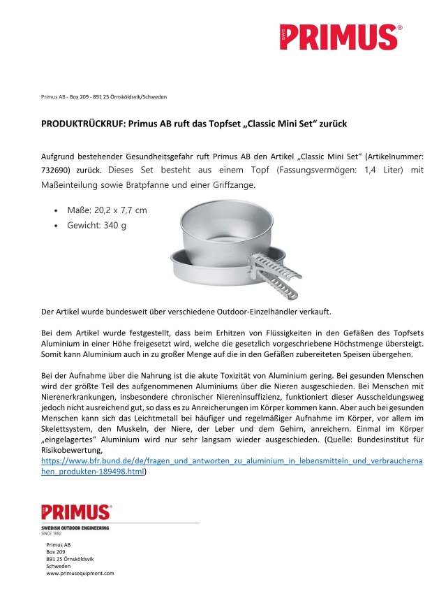 Produktrueckruf Primus AB Topfset Classic Mini Set
